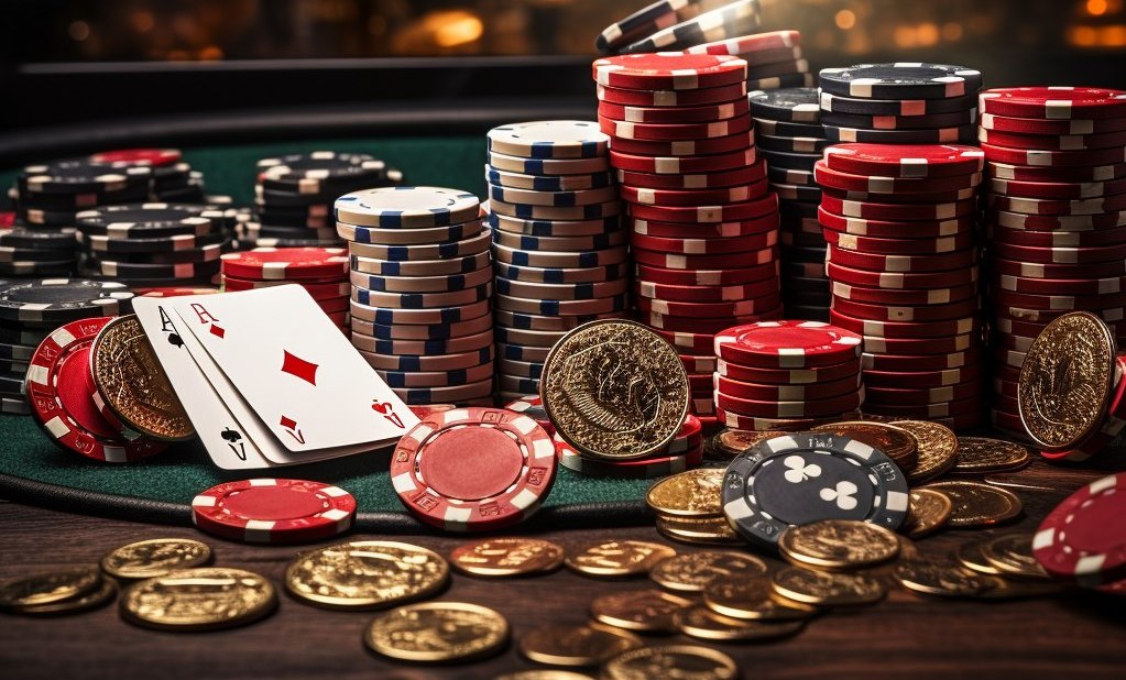 on the gaming table there are a lot of casino chips and coins standing in stacks